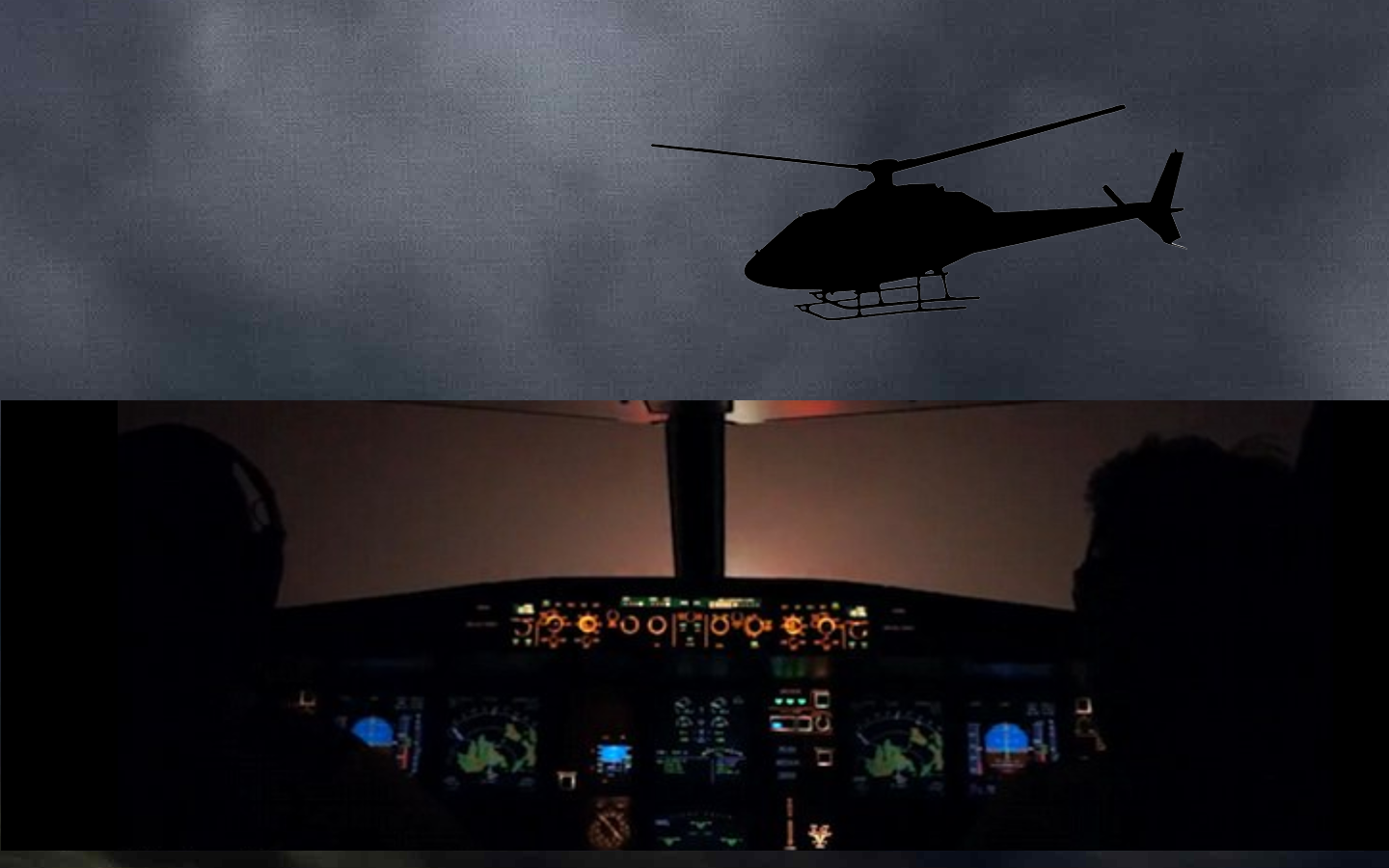 Helicopter flying in adverse weather conditions and inside a cockpit of fixed wing aircraft flying in adverse weather conditions